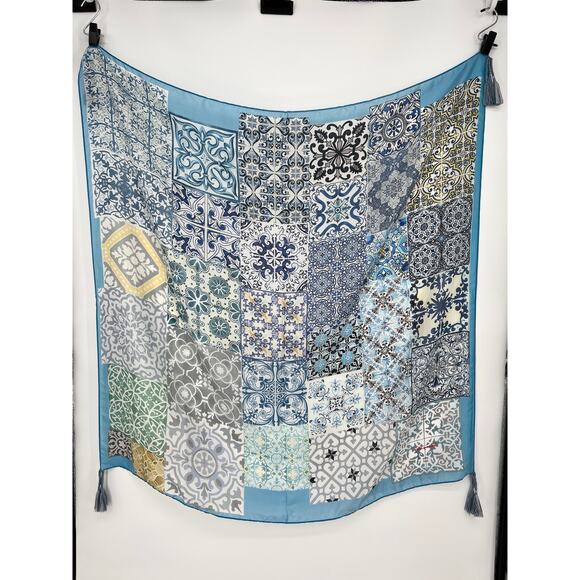 Johnny Was Silk Tassel Scarf Patchwork Mixed Print Square Wrap Blue Gray Green - Picture 6 of 12
